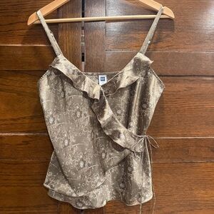 GAP medium Camisole tank top babydoll wrap Brown Floral silky ruffle 90s cropped